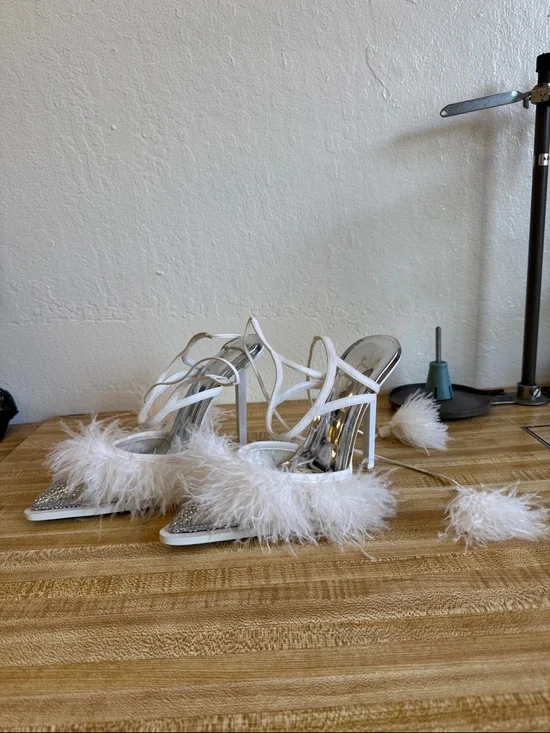 White Feather-Trim Strappy High Heels - Picture 8 of 10